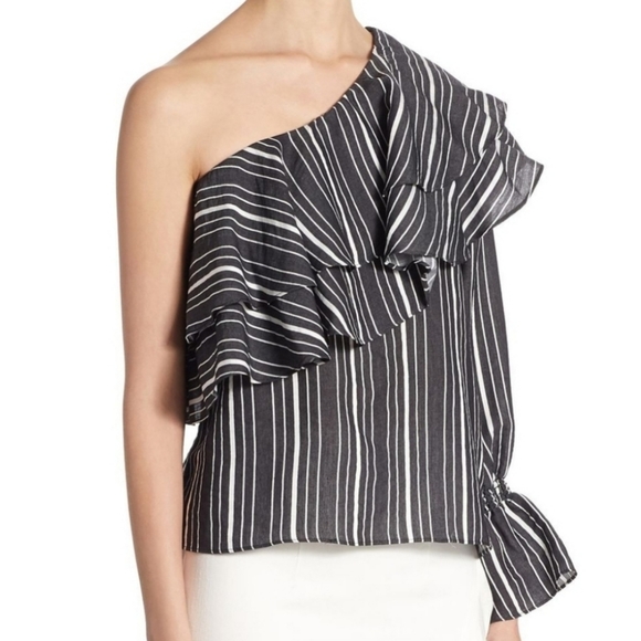 Scripted Tops - Black and White Striped One-Shoulder Top